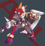  1boy android axl capcom character_name degarashi_(ponkotsu) dual_wielding full_body green_eyes grey_background grin gun helmet holding holding_weapon male_focus rockman rockman_x scar scarf simple_background smile solo spiky_hair standing weapon 