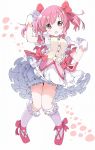  1girl :o arm_up bloomers blush bow breasts bubble_skirt commentary_request frilled_legwear frilled_skirt frills full_body gloves hair_bow hand_up highres kaname_madoka kneehighs knees_together_feet_apart magical_girl mahou_shoujo_madoka_magica open_mouth pink_hair puffy_short_sleeves puffy_sleeves red_bow red_eyes red_footwear shoes short_sleeves simple_background skirt small_breasts solo tantan_men_(dragon) twintails underwear white_background white_bloomers white_gloves white_legwear white_skirt 