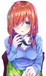  1girl absurdres blue_cardigan blue_eyes blurry blush breasts chair clothes_tug commentary_request depth_of_field eyes_visible_through_hair fingernails go-toubun_no_hanayome green_skirt hair_over_one_eye headphones headphones_around_neck highres long_hair long_sleeves looking_at_viewer medium_breasts nakano_miku parted_lips pov redhead rouka_(akatyann) shiny shiny_hair shirt simple_background sitting skirt solo upper_body white_background white_shirt 