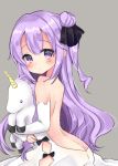  1girl ass azur_lane backless_dress backless_outfit bangs bare_shoulders black_bow black_ribbon blush bow butt_crack closed_mouth commentary_request detached_sleeves dress eyebrows_visible_through_hair grey_background hair_between_eyes hair_bun hair_ribbon hamikoron long_hair looking_at_viewer looking_to_the_side object_hug one_side_up purple_hair ribbon side_bun sidelocks simple_background solo stuffed_animal stuffed_toy stuffed_unicorn unicorn_(azur_lane) very_long_hair violet_eyes white_dress white_sleeves 