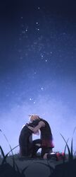  2boys bayinxie black_hair black_jacket blonde_hair final_fantasy final_fantasy_xv grass hug jacket male_focus multiple_boys noctis_lucis_caelum prompto_argentum sitting sky star_(sky) starry_sky vest 