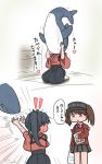  2girls 2koma :o artist_name bag black_skirt blue_hair blue_hakama blush bow brown_hair collared_shirt comic commentary_request curse_(023) dated doll drawer fangs hair_bow hakama highres holding holding_bag holding_doll holding_snack houshou_(kantai_collection) ikea_shark indoors japanese_clothes kantai_collection kariginu kimono long_hair long_sleeves magatama multiple_girls pink_kimono plastic_bag pleated_skirt ponytail ribbon ribbon-trimmed_sleeves ribbon_trim ryuujou_(kantai_collection) seiza shark shirt sitting skirt snack stuffed_animal stuffed_toy sweat tasuki tatami visor_cap white_legwear white_ribbon white_shirt 