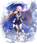  1girl armor armored_boots arondight blush boots breasts cape cleavage closed_mouth collarbone cosplay eyebrows_visible_through_hair fate/grand_order fate_(series) hair_between_eyes hair_over_one_eye highres holding holding_shield holding_sword holding_weapon knight lancelot_(fate/grand_order) lancelot_(fate/grand_order)_(cosplay) large_breasts looking_at_viewer mash_kyrielight navel pink_hair shield short_hair smile solo sword untsue violet_eyes weapon 