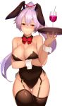  1girl 3: alternate_costume animal_ears ass_visible_through_thighs bangs bare_shoulders black_legwear black_leotard blush bow bowtie breasts bunny_girl bunnysuit cleavage closed_mouth collarbone covered_navel cowboy_shot cup detached_collar drink drinking_glass drinking_straw fake_animal_ears fate/grand_order fate_(series) garter_straps groin hair_ribbon high_ponytail highres holding holding_tray large_breasts leotard long_hair looking_at_viewer nose_blush purple_hair rabbit_ears red_bow red_eyes red_neckwear red_ribbon ribbon saisarisu shiny shiny_hair simple_background solo strapless strapless_leotard thigh-highs tomoe_gozen_(fate/grand_order) tray white_background wrist_cuffs 