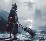  1boy bloodborne boots castle character_request commentary dual_wielding english_commentary face_mask from_behind giant greyscale gun hat high_collar highres holding huge_weapon hunter_(bloodborne) long_coat mask monochrome omer_tunc solo_focus standing sword vambraces weapon 
