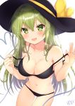  1girl :d absurdres artist_name bangs bare_arms bare_shoulders bikini black_bikini black_hat blush bow breasts cleavage collarbone commentary_request cowboy_shot eyebrows_visible_through_hair green_eyes green_hair hair_between_eyes hands_up hat hat_bow hat_ribbon heart heart_of_string highres komeiji_koishi large_breasts long_hair looking_at_viewer navel nenobi_(nenorium) open_mouth ribbon sidelocks signature simple_background smile solo standing stomach strap_pull swimsuit thighs touhou very_long_hair white_background yellow_bow 