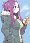  1girl bangs_pinned_back black-framed_eyewear breasts breath can canned_coffee coffee eyebrows_visible_through_hair fur_collar fur_trim glasses hood hooded_jacket jacket kagamihara_sakura large_breasts long_hair long_sleeves purple_hair ribbed_sweater solo steam sweater very_long_hair vincent_(hiyakuen) violet_eyes winter yurucamp 