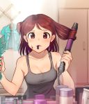  1girl aoba_misaki bangs bare_arms bare_shoulders blue_shirt blush breasts cleavage clothes_hanger collarbone comb commentary_request curling_iron eyebrows_visible_through_hair female_pov ground_vehicle hair_rollers hairdressing holding holding_comb idolmaster idolmaster_million_live! idolmaster_million_live!_theater_days indoors kamille_(vcx68) looking_at_viewer medium_breasts military military_vehicle mirror motor_vehicle mouth_hold one_side_up parted_bangs parted_lips pov redhead reflection shirt short_hair sleeveless solo sparkle sweatdrop tank tareme upper_body v-shaped_eyebrows violet_eyes 