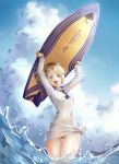  1girl 7aehyun :d absurdres arms_up ass_visible_through_thighs blonde_hair blue_eyes breasts clouds cloudy_sky covered_navel cowboy_shot day excaliboard fang fate/grand_order fate_(series) highres holding_surfboard long_sleeves mordred_(fate)_(all) mordred_(swimsuit_rider)_(fate) naked_shirt no_pants ocean open_mouth outdoors sailor_collar sailor_shirt shirt sky small_breasts smile solo surfboard surfing tied_shirt water wet wet_clothes wet_shirt 