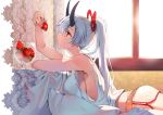  1girl breasts casual fate/grand_order fate_(series) food fruit glass hair_ribbon horns ice_(ice_aptx) lace_trim large_breasts long_hair lying on_stomach open_mouth pillow ponytail profile red_eyes ribbon shorts sideboob solo strawberry sunlight tomoe_gozen_(fate/grand_order) white_hair window 