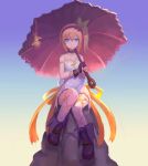  1girl black_choker blonde_hair blue_eyes boots choker collarbone dress dusttodusk edna_(tales) gloves green_ribbon hair_between_eyes hair_ribbon hairband holding holding_umbrella off_shoulder ribbon side_ponytail simple_background single_glove sitting tales_of_(series) tales_of_zestiria tress_ribbon umbrella 