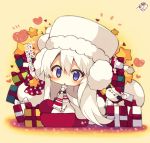  &gt;_&lt; 1girl :&lt; azur_lane bangs beige_background blush box cape character_request chibi dress earmuffs eyebrows_visible_through_hair fur-trimmed_cape fur-trimmed_hat fur-trimmed_sleeves fur_trim gift gift_box hair_between_eyes hat heart long_hair long_sleeves looking_at_viewer muuran parted_lips red_hat sack santa_hat signature snowman solo star triangle_mouth very_long_hair violet_eyes white_cape white_dress white_hair white_hat 