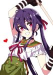  1girl absurdres black_gloves blush ebisuzawa_kurumi fingerless_gloves gakkou_gurashi! gloves green_skirt hair_between_eyes heart highres holding_shovel long_hair pink_eyes purple_hair red_ribbon ribbon school_uniform short_sleeves sinakyo skirt smile twintails 