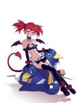  1girl arm_belt arm_support belt black_bikini_top black_collar black_gloves black_legwear boots collar demon_girl demon_tail demon_wings disgaea earrings elbow_gloves etna gloves highres jewelry leaning_back loincloth looking_at_viewer makai_senki_disgaea navel pointy_ears prinny red_eyes red_wings redhead short_hair sitting sitting_on_person skirt skull_earrings smile tail thigh-highs twintails wings 