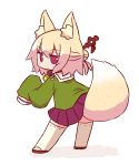  1girl animal_ears bangs bell bell_collar blonde_hair blush brown_collar brown_footwear closed_mouth collar eyebrows_visible_through_hair fox_ears fox_girl fox_tail full_body green_shirt hair_between_eyes hair_bun hair_ornament highres jingle_bell kemomimi-chan_(naga_u) long_sleeves looking_at_viewer looking_back naga_u original pleated_skirt purple_skirt red_eyes ribbon-trimmed_legwear ribbon_trim sailor_collar shadow shirt sidelocks skirt sleeves_past_fingers sleeves_past_wrists solo standing tail tail_raised thigh-highs white_background white_legwear white_sailor_collar 