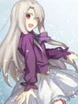  1girl :d ascot eyebrows_visible_through_hair fate/stay_night fate_(series) floating_hair frilled_skirt frills gradient gradient_background hair_over_one_eye illyasviel_von_einzbern long_hair long_sleeves looking_at_viewer miniskirt nikame open_mouth purple_neckwear purple_shirt red_eyes shirt silver_hair skirt smile solo very_long_hair white_skirt 