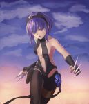  1girl 7aehyun bare_shoulders black_gloves black_hairband black_legwear black_leotard breasts center_opening clouds cloudy_sky cowboy_shot fate/prototype fate/prototype:_fragments_of_blue_and_silver fate_(series) fingerless_gloves flower_ornament gloves hairband hassan_of_serenity_(fate) highres holding holding_knife holding_weapon knife kunai leggings leotard looking_at_viewer navel open_mouth purple_hair short_hair sky small_breasts solo thigh_strap violet_eyes weapon 