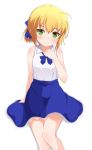  1girl absurdres ahoge armpit_crease artoria_pendragon_(all) bare_legs bare_shoulders blonde_hair blue_neckwear blue_ribbon blue_skirt blush bow bowtie breasts closed_mouth collared_shirt commentary_request fate/stay_night fate_(series) frilled_ribbon frills green_eyes hair_ribbon hand_up head_tilt highres kimura_matsuri ribbon saber shirt shirt_tucked_in short_hair sidelocks simple_background skirt sleeveless sleeveless_shirt solo thighs white_background white_shirt 