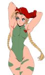  1girl absurdres ahoge armpits arms_behind_head arms_up bare_shoulders blue_eyes braid breasts cammy_white camouflage david_liu fingerless_gloves garrison_cap gloves green_leotard hat highres huge_ahoge leotard long_hair looking_to_the_side medium_breasts scar serious simple_background solo street_fighter street_fighter_ii_(series) street_fighter_iv_(series) street_fighter_v street_fighter_zero_(series) thong_leotard white_background 