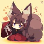  2girls :&lt; animal_ear_fluff animal_ears azur_lane beige_background black_shirt blush breasts brown_hair character_request chibi fox_ears fox_girl fox_tail full_body head_tilt heart highres large_breasts long_hair long_sleeves looking_at_viewer multiple_girls multiple_tails muuran parted_lips shirt signature sleeves_past_fingers sleeves_past_wrists solo tail translation_request triangle_mouth two_tails very_long_hair violet_eyes wide_sleeves 