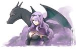  1girl alternate_color armor black_armor breasts camilla_(fire_emblem_if) charizard cleavage creatures_(company) fire_emblem fire_emblem_if game_freak gen_1_pokemon hair_over_one_eye intelligent_systems lips long_hair nintendo pokemon pokemon_(creature) pokemon_(game) pokemon_rgby purple_hair robaco simple_background smile solo super_smash_bros. super_smash_bros._ultimate tiara very_long_hair violet_eyes wavy_hair wings 