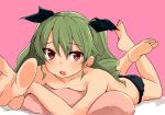  1girl absurdres anchovy arms_up bangs barashiya barefoot bed_sheet black_panties black_ribbon blush commentary drill_hair eyebrows_visible_through_hair foreshortening frilled_panties frills girls_und_panzer green_hair hair_ribbon highres legs_up long_hair looking_at_viewer lying on_bed on_stomach open_mouth panties pillow pink_background pov reaching red_eyes ribbon shadow solo topless twin_drills twintails underwear underwear_only 