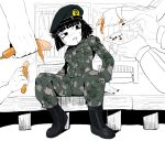  1girl :t bangs bbtan beret black_eyes black_hair blunt_bangs boots camouflage combat_boots commentary disembodied_limb drooling english_commentary food food_in_mouth full_body hat military military_uniform original phallic_symbol sausage sexually_suggestive sitting solo_focus tears uniform yogurt 