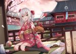  1girl 2019 architecture arrow bangs black_legwear braid building cherry_blossoms chinese_zodiac dress east_asian_architecture eyebrows_visible_through_hair floral_print green_eyes hair_between_eyes hair_ornament hairclip highres japanese_clothes kimono legs_crossed looking_at_viewer obi open_clothes open_dress open_mouth original petals sash short_hair_with_long_locks silver_hair sitting solo touhourh wind year_of_the_pig 