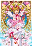  1girl :d angel_wings ankle_bow ankle_ribbon antenna_hair bow briska brown_hair card_captor_sakura dress eyebrows_visible_through_hair feathered_wings full_body garters green_eyes highres kero kinomoto_sakura layered_dress looking_at_viewer magical_girl open_mouth pink_dress red_bow red_footwear ribbon shiny shiny_hair short_dress short_hair sitting sleeveless sleeveless_dress smile solo thigh-highs white_legwear white_wings wings wrist_bow wrist_cuffs 