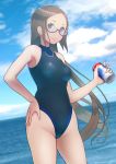  1girl backlighting bangs blue_eyes blue_sky blue_swimsuit blurry breasts can clouds competition_swimsuit contrapposto cowboy_shot day depth_of_field dutch_angle glasses grey_hair groin hand_on_hip hand_up hasukawa_isaburou head_tilt highleg highleg_swimsuit highres holding holding_can long_hair looking_at_viewer medium_breasts ocean one-piece_swimsuit original outdoors parted_bangs red-framed_eyewear semi-rimless_eyewear shiny shiny_clothes sidelocks sky smile solo standing swimsuit turtleneck under-rim_eyewear very_long_hair 
