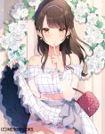  1girl bag bangs bare_shoulders blush breasts brown_eyes brown_hair cleavage collarbone cowboy_shot cut_(bu-kunn) earrings eyebrows_visible_through_hair groin handbag highres index_finger_raised jewelry lifted_by_self long_hair looking_at_viewer off-shoulder_blouse official_art original panties pearl_(gemstone) ribbon-trimmed_panties sash see-through sidelocks skirt skirt_lift smile solo underwear white_panties wrist_cuffs 