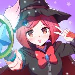  1girl :3 black_hat black_shirt bob_cut cape commentary dangan_ronpa dot_nose eyebrows_visible_through_hair face hair_ornament hairclip hat holding holding_staff jewelry looking_at_viewer new_dangan_ronpa_v3 qosic red_cape red_eyes red_ribbon redhead ribbon shirt short_hair simple_background solo staff star tongue tongue_out v white_wings wings witch_hat yumeno_himiko 