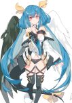  1girl asymmetrical_wings bare_shoulders blue_hair bow confused dizzy eyebrows_visible_through_hair guilty_gear guilty_gear_xrd highres looking_at_viewer may_(guilty_gear) red_eyes ribbon ronopu smile solo tail tail_bow tail_ribbon thigh-highs twintails white_background wings yellow_ribbon 