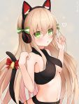  1girl animal_ears arms_up bell belt bikini bikini_top black_bikini blonde_hair blush breasts cat_ears cat_tail cleavage fake_animal_ears girls_frontline green_eyes headphones highres jingle_bell long_hair looking_at_viewer medium_breasts navel ribbon solo swimsuit tail tail_ornament tail_ribbon tmp_(girls_frontline) under_boob upper_body very_long_hair yeosi 