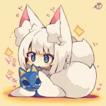  +_+ 1girl :&lt; animal_ears azur_lane bangs beige_background blue_eyes blush cat_mask chibi eyebrows_visible_through_hair fox_ears fox_girl fox_tail full_body heart highres holding holding_mask japanese_clothes kaga_(azur_lane) kimono long_sleeves mask mask_removed multiple_tails muuran parted_lips signature sleeves_past_fingers sleeves_past_wrists solo sparkle tail translated triangle_mouth two_tails white_hair white_kimono 