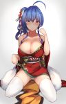  1girl absurdres ahoge azur_lane blue_hair blush breasts chinese_commentary cleavage clothes_lift commentary_request eyebrows_visible_through_hair flower hair_flower hair_ornament highres huge_filesize japanese_clothes kimono kimono_lift large_breasts looking_at_viewer panties pantyshot pantyshot_(sitting) short_kimono simple_background sitting solo st._louis_(azur_lane) thigh-highs underwear violet_eyes wariza white_legwear yusha_(m-gata) 
