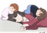  10s 3girls baby brown_hair bukkuri closed_eyes girls_und_panzer long_hair lying mother_and_daughter multiple_girls nishizumi_maho nishizumi_miho nishizumi_shiho on_side orange_hair short_hair siblings sisters sleeping sleeping_on_person sweatdrop white_background younger 