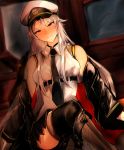  1girl azur_lane bare_shoulders black_coat black_neckwear blush boots closed_mouth coat collared_shirt commentary_request enterprise_(azur_lane) eyebrows_visible_through_hair hat highres indoors legs_crossed looking_at_viewer military military_hat miniskirt necktie off_shoulder open_clothes open_coat otsunabe_(naabe_delta) peaked_cap shirt silver_hair sitting skirt sleeveless sleeveless_shirt smile thighs underbust white_hat window 