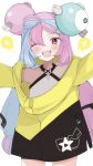 1girl ;d bare_shoulders black_coat blue_eyes blue_hair blush bow-shaped_hair braid coat cowboy_shot eyes_visible_through_hair halterneck hexagon_print highres iono_(pokemon) legs_apart light_blue_hair light_bulb lightning_bolt_symbol long_hair long_sleeves looking_at_viewer low-tied_long_hair magnemite multicolored_coat multicolored_eyes multicolored_hair mushoku_loli one-eyed one_eye_closed open_mouth outstretched_arms pink_eyes pink_hair pokemon pokemon_(creature) pokemon_(game) pokemon_sv screw sharp_teeth smile spread_arms standing star_(symbol) star_print teeth twintails two-tone_coat two-tone_hair very_long_hair white_background yellow_coat yellow_eyes