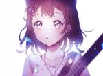  1girl bang_dream! bangs blurry blush brown_eyes brown_hair collarbone commentary_request guitar hair_ornament instrument jewelry necklace open_mouth petals shirt short_hair sleeveless sleeveless_shirt solo star star_hair_ornament star_necklace toyama_kasumi upper_body white_background yuyuyugoonn 