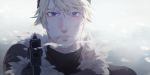  1boy aiming_at_viewer bayinxie blonde_hair blue_eyes final_fantasy final_fantasy_xv freckles fur_trim gun handgun hat highres male_focus pistol pointing_weapon prompto_argentum snow solo turtleneck violet_eyes weapon 