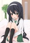  1girl bangs bed black_hair black_legwear black_neckwear blouse blurry blurry_background blush brown_eyes commentary crotch_seam depth_of_field door frown girls_und_panzer green_skirt hairband highres indoors leg_hug long_hair long_sleeves looking_at_viewer miniskirt neckerchief on_bed ooarai_school_uniform open_mouth panties pantyshot pantyshot_(sitting) pillow plant pleated_skirt reizei_mako ruruepa school_uniform serafuku sitting skindentation skirt socks solo underwear wavy_mouth white_blouse white_hairband white_panties 