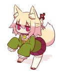  1girl animal_ear_fluff animal_ears bangs bell bell_collar blonde_hair blush brown_footwear closed_mouth collar eyebrows_visible_through_hair fox_ears fox_girl fox_tail full_body green_shirt hair_between_eyes hair_bun hair_ornament jingle_bell kemomimi-chan_(naga_u) long_sleeves looking_at_viewer naga_u original pleated_skirt purple_skirt red_eyes ribbon-trimmed_legwear ribbon_trim sailor_collar shadow shirt sidelocks skirt sleeves_past_fingers sleeves_past_wrists solo standing tail tail_raised thigh-highs white_background white_legwear white_sailor_collar 