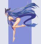  1girl bangs bare_shoulders barefoot blue_eyes blue_hair bridal_gauntlets commentary_request head_fins highres horns leotard long_hair monster_girl original simple_background smile solo tail yyboo 