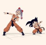  1boy 1girl :d black_eyes black_footwear black_hair bow braid bulma clothes_writing dougi dragon_ball dragon_ball_(classic) fusion_dance hair_bow leaning_to_the_side looking_at_viewer monkey_tail open_mouth phil_dragash purple_hair red_bow sash single_braid smile son_gokuu spiky_hair standing tail violet_eyes wristband 