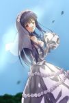  1girl asagami_fujino bouquet bridal_veil chiizu_ore dress elbow_gloves flower gloves hair_flower hair_ornament highres kara_no_kyoukai long_hair looking_at_viewer purple_hair red_eyes rose smile strapless strapless_dress veil wedding_dress white_flower white_rose 