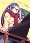  :d black-framed_eyewear black_legwear brown_eyes copyright_name eraser from_below glasses indoors looking_at_viewer oogaki_chiaki open_mouth pantyhose plaid plaid_skirt purple_skirt red_scarf scarf sidelocks sitting skirt smile twintails vincent_(hiyakuen) yellow_background yurucamp 