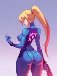  1girl ass blonde_hair blue_bodysuit bodysuit breasts covered_nipples cowboy_shot from_behind gun high_ponytail highres impossible_bodysuit impossible_clothes lips liyart long_hair looking_at_viewer looking_back medium_breasts metroid mole mole_under_mouth nintendo parted_lips ponytail samus_aran shiny shiny_clothes shiny_hair shiny_skin skin_tight solo standing thighs weapon zero_suit 