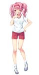  1girl ;d bang_dream! blush chiyonekoko full_body gym_shirt gym_shorts gym_uniform hachimaki hand_on_hip hand_to_own_mouth headband highres looking_at_viewer maruyama_aya one_eye_closed open_mouth pink_eyes pink_hair red_shorts shirt shoes short_sleeves shorts sidelocks simple_background smile socks solo standing twintails w white_background white_legwear white_shirt 
