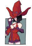  1girl bare_shoulders big_hat black_hair closed_mouth fingerless_gloves gloves guilty_gear guilty_gear_xrd hat highres i-no mole mole_above_mouth ookiyoart red_hat short_hair simple_background smile solo white_background witch_hat 